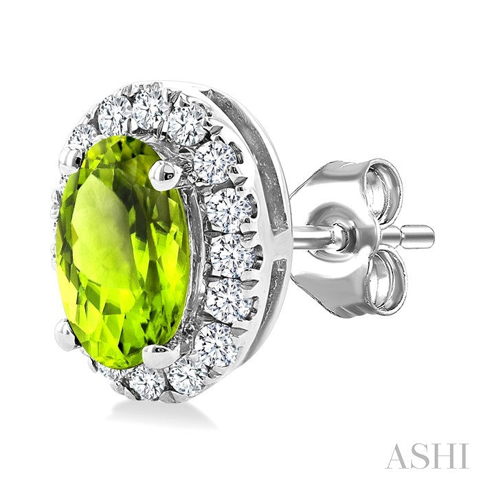 5X3 MM Oval Shape Peridot and 1/8 Ctw Round Cut Diamond Halo Semi-Precious Stud Earrings in 10K White Gold