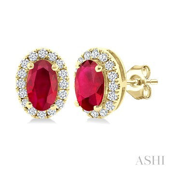 5X3 MM Oval Shape Ruby and 1/8 Ctw Round Cut Diamond Halo Precious Stud Earrings in 10K Yellow Gold