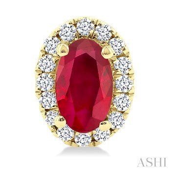 5X3 MM Oval Shape Ruby and 1/8 Ctw Round Cut Diamond Halo Precious Stud Earrings in 10K Yellow Gold