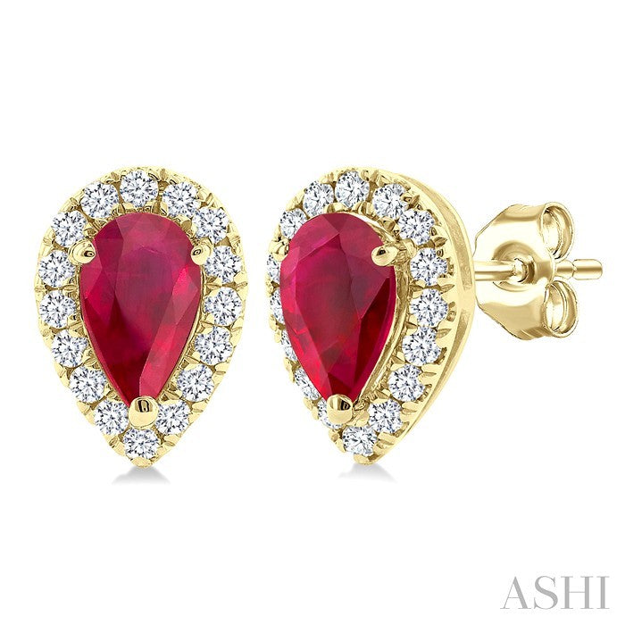 5X3 MM Pear Shape Ruby and 1/8 Ctw Round Cut Diamond Halo Precious Stud Earrings in 10K Yellow Gold