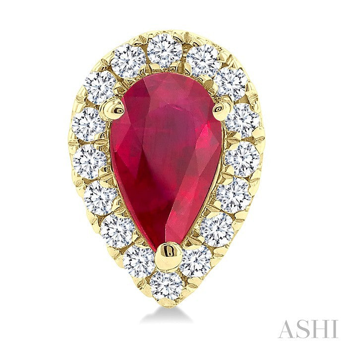5X3 MM Pear Shape Ruby and 1/8 Ctw Round Cut Diamond Halo Precious Stud Earrings in 10K Yellow Gold