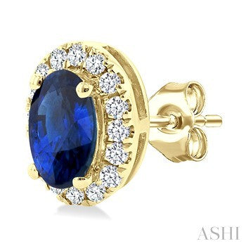 5X3 MM Oval Shape Sapphire and 1/8 Ctw Round Cut Diamond Halo Precious Stud Earrings in 10K Yellow Gold