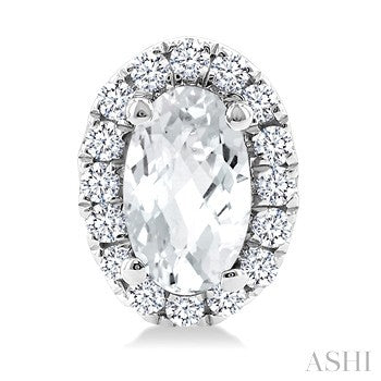 5X3 MM Oval Shape White Topaz and 1/8 Ctw Round Cut Diamond Halo Semi-Precious Stud Earrings in 10K White Gold
