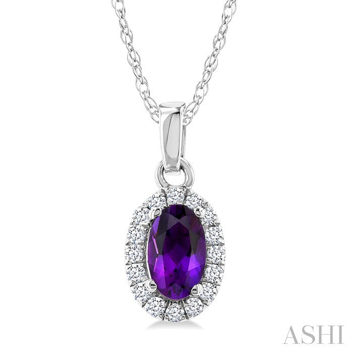 5X3 MM Oval Shape Amethyst and 1/20 Ctw Round Cut Diamond Halo Semi-Precious Pendant with Chain in 14K White Gold