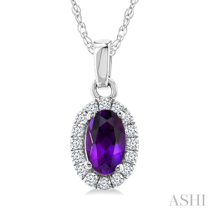 5X3 MM Oval Shape Amethyst and 1/20 Ctw Round Cut Diamond Halo Semi-Precious Pendant with Chain in 14K White Gold