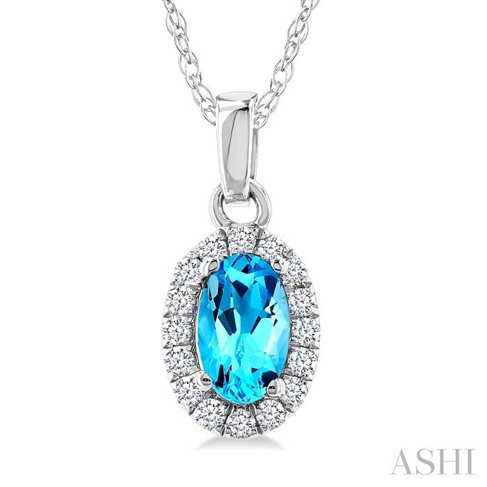 5X3 MM Oval Shape Blue Topaz and 1/20 Ctw Round Cut Diamond Halo Semi-Precious Pendant with Chain in 14K White Gold