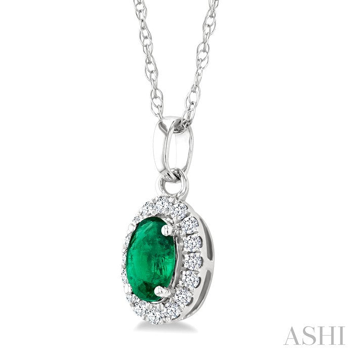 5X3 MM Oval Shape Emerald and 1/20 Ctw Round Cut Diamond Halo Precious Pendant with Chain in 14K White Gold