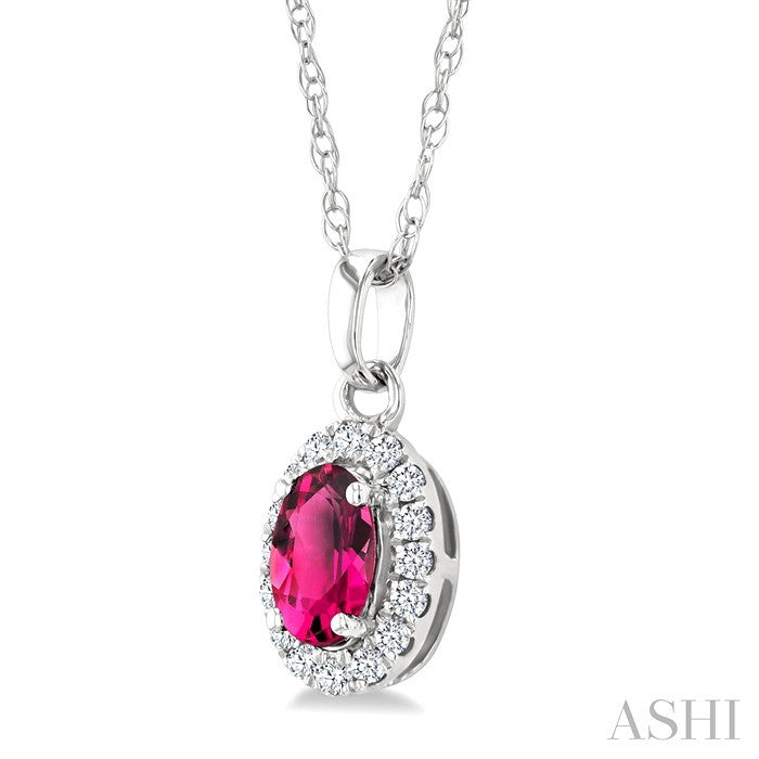 5X3 MM Oval Shape Pink Tourmaline and 1/20 Ctw Round Cut Diamond Halo Semi-Precious Pendant with Chain in 14K White Gold