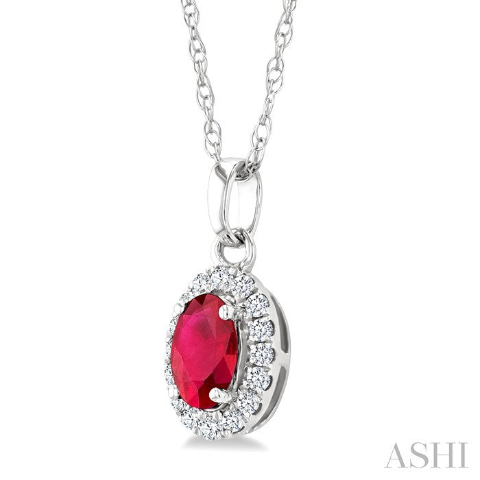 5X3 MM Oval Shape Ruby and 1/20 Ctw Round Cut Diamond Halo Precious Pendant with Chain in 14K White Gold