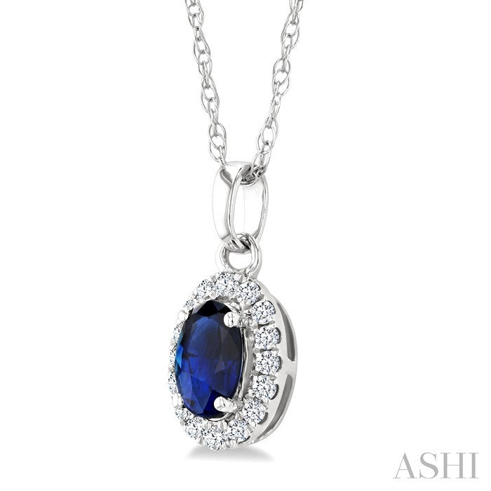 5X3 MM Oval Shape Sapphire and 1/20 Ctw Round Cut Diamond Halo Precious Pendant with Chain in 14K White Gold