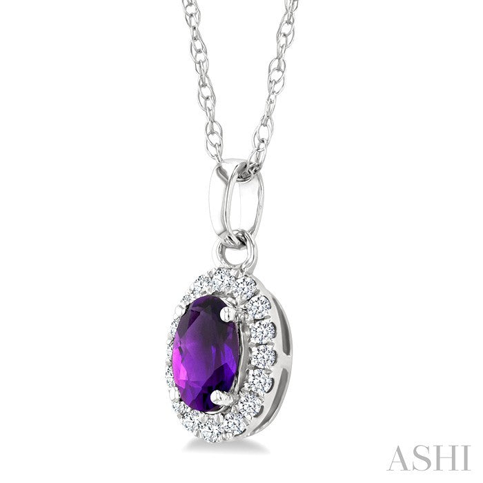 5X3 MM Oval Shape Amethyst and 1/20 Ctw Round Cut Diamond Halo Semi-Precious Pendant with Chain in 10K White Gold