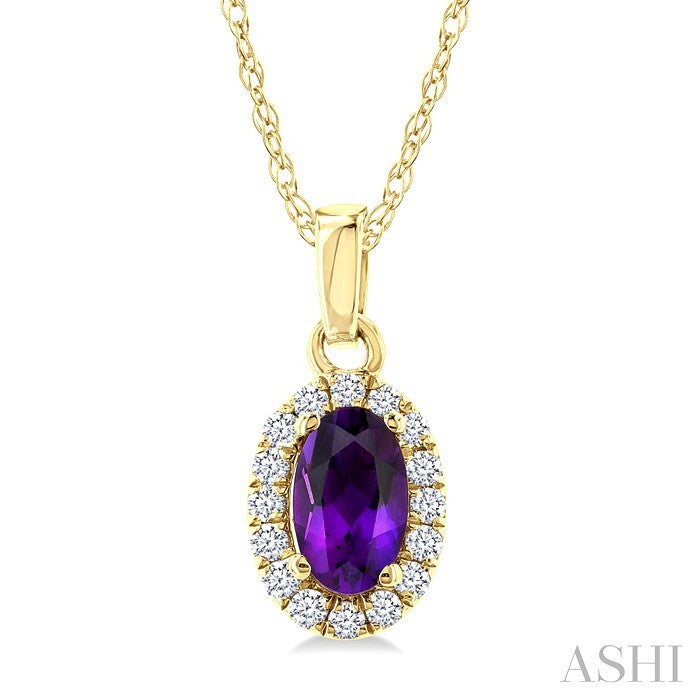 5X3 MM Oval Shape Amethyst and 1/20 Ctw Round Cut Diamond Halo Semi-Precious Pendant with Chain in 10K Yellow Gold