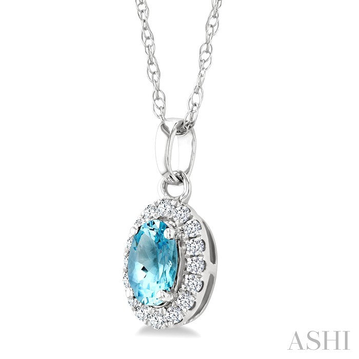 5X3 MM Oval Shape Aquamarine and 1/20 Ctw Round Cut Diamond Halo Semi-Precious Pendant with Chain in 10K White Gold