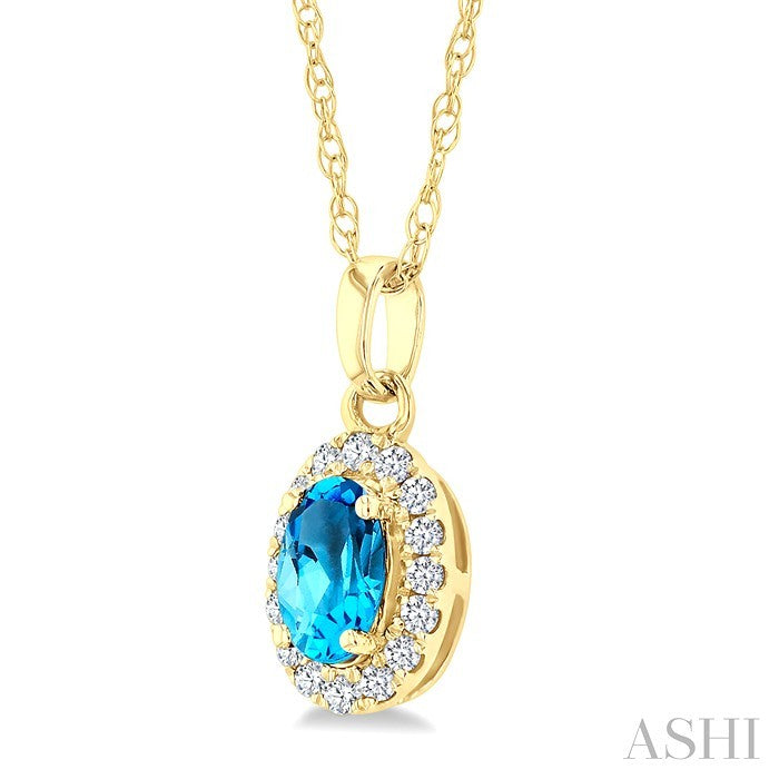 5X3 MM Oval Shape Blue Topaz and 1/20 Ctw Round Cut Diamond Halo Semi-Precious Pendant with Chain in 10K Yellow Gold