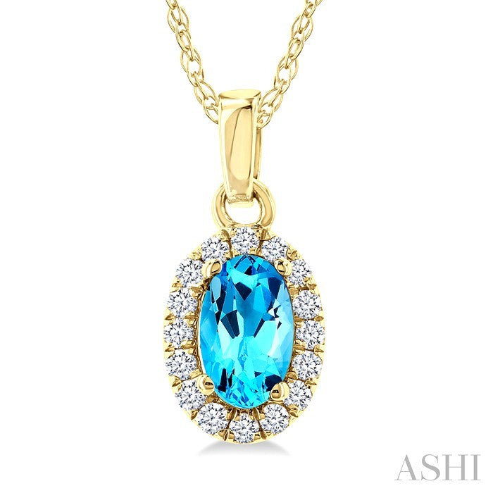 5X3 MM Oval Shape Blue Topaz and 1/20 Ctw Round Cut Diamond Halo Semi-Precious Pendant with Chain in 10K Yellow Gold