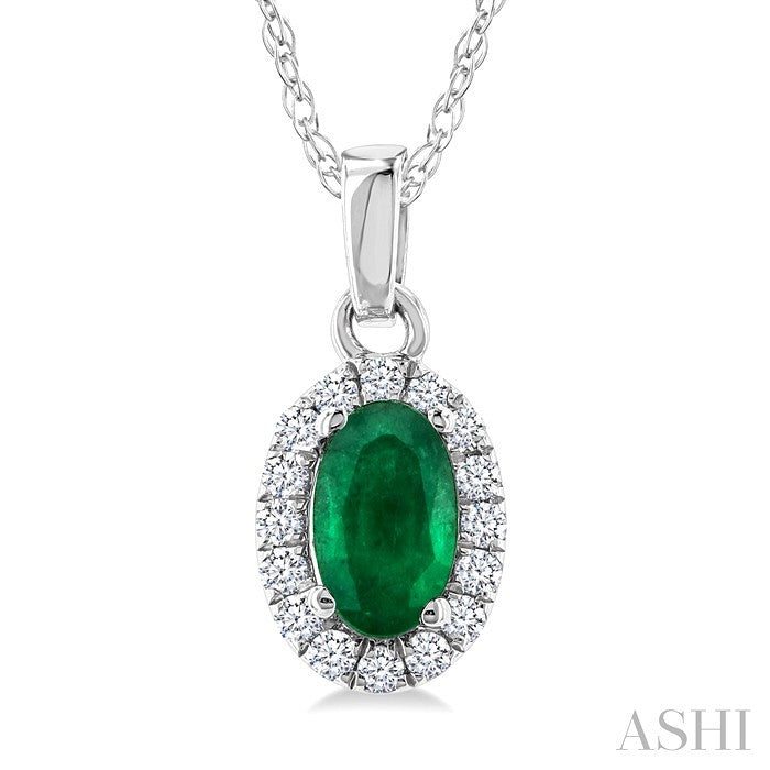 5X3 MM Oval Shape Emerald and 1/20 Ctw Round Cut Diamond Halo Precious Pendant with Chain in 10K White Gold