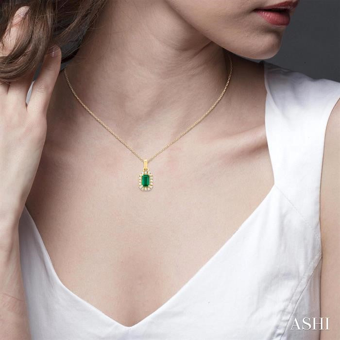 5X3 MM Octagonal Shape Emerald and 1/20 Ctw Round Cut Diamond Halo Precious Pendant with Chain in 10K Yellow Gold