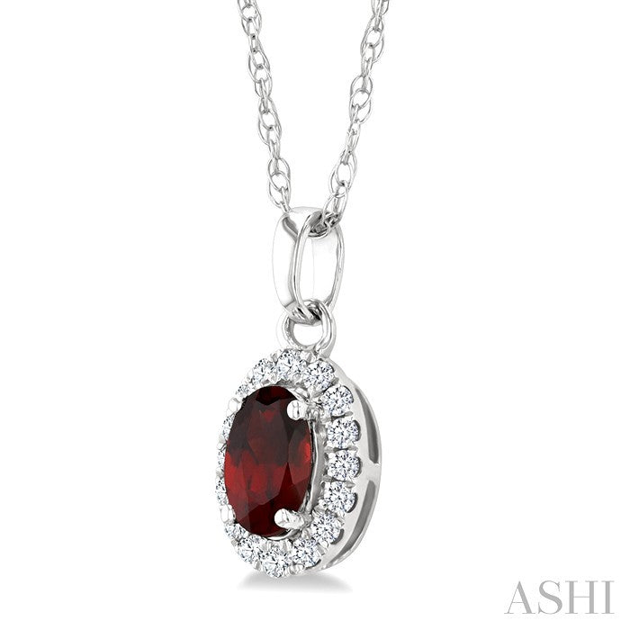 5X3 MM Oval Shape Garnet and 1/20 Ctw Round Cut Diamond Halo Semi-Precious Pendant with Chain in 10K White Gold