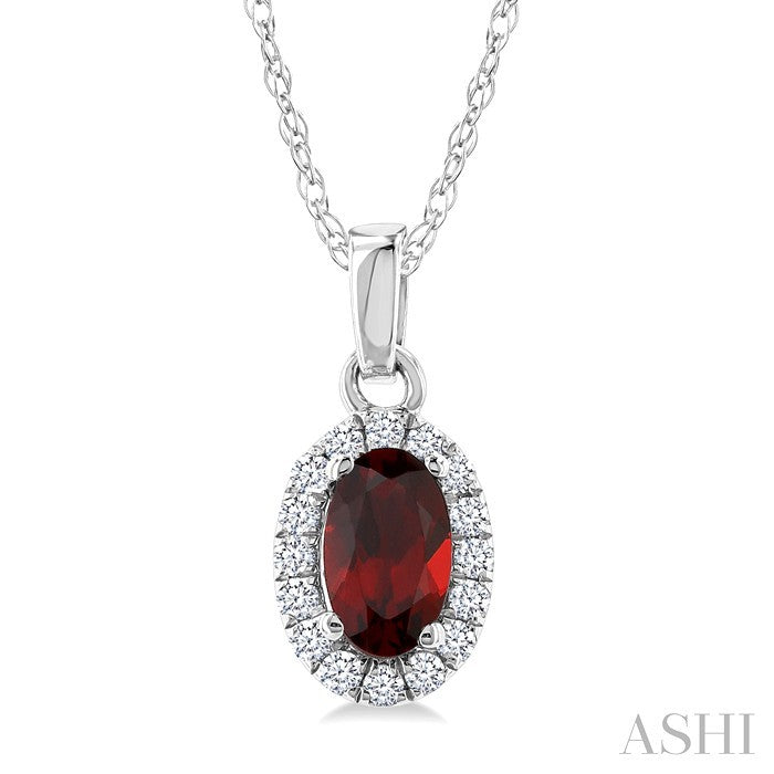 5X3 MM Oval Shape Garnet and 1/20 Ctw Round Cut Diamond Halo Semi-Precious Pendant with Chain in 10K White Gold