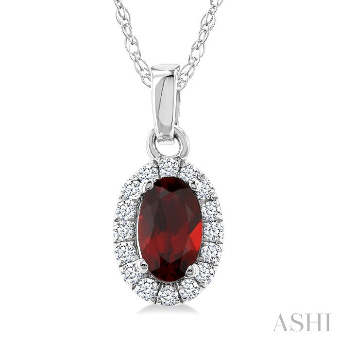 5X3 MM Oval Shape Garnet and 1/20 Ctw Round Cut Diamond Halo Semi-Precious Pendant with Chain in 10K White Gold