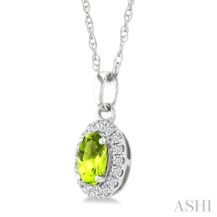 5X3 MM Oval Shape Peridot and 1/20 Ctw Round Cut Diamond Halo Semi-Precious Pendant with Chain in 10K White Gold