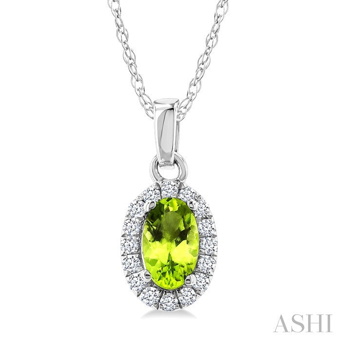 5X3 MM Oval Shape Peridot and 1/20 Ctw Round Cut Diamond Halo Semi-Precious Pendant with Chain in 10K White Gold