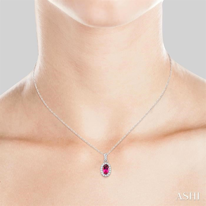 5X3 MM Oval Shape Pink Tourmaline and 1/20 Ctw Round Cut Diamond Halo Semi-Precious Pendant with Chain in 10K White Gold