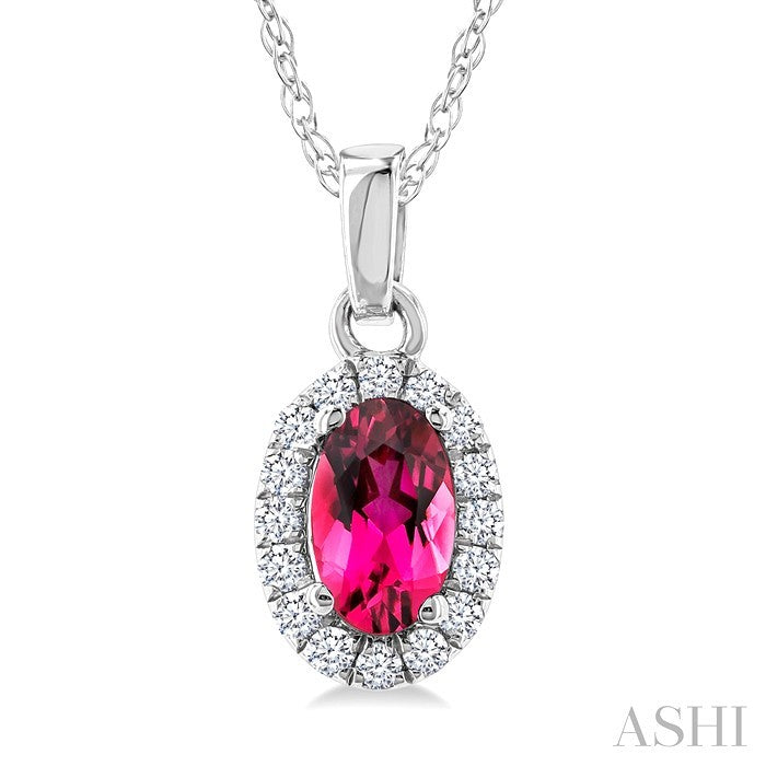 5X3 MM Oval Shape Pink Tourmaline and 1/20 Ctw Round Cut Diamond Halo Semi-Precious Pendant with Chain in 10K White Gold