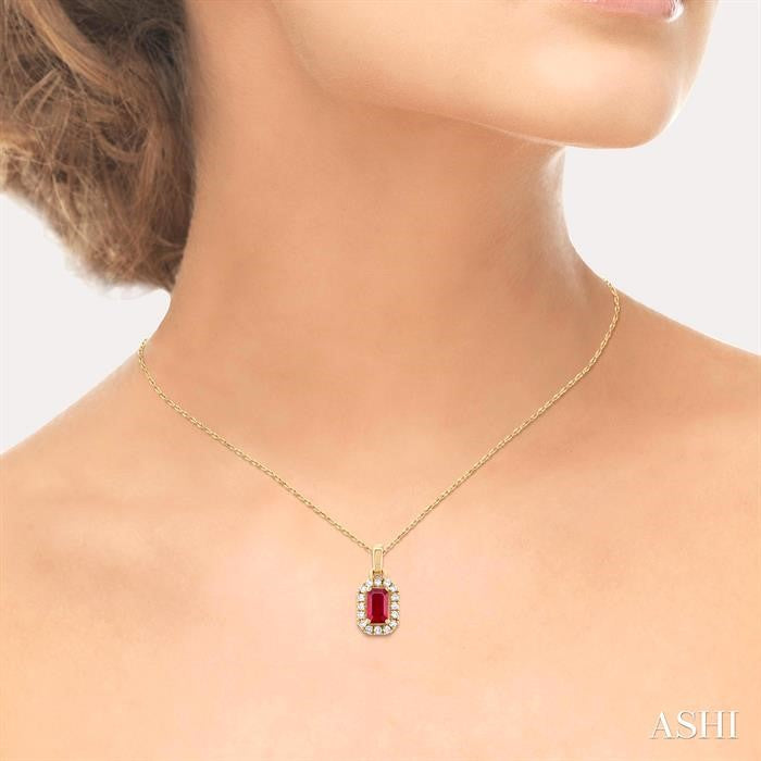 5X3 MM Octagonal Shape Ruby and 1/20 Ctw Round Cut Diamond Halo Precious Pendant with Chain in 10K Yellow Gold