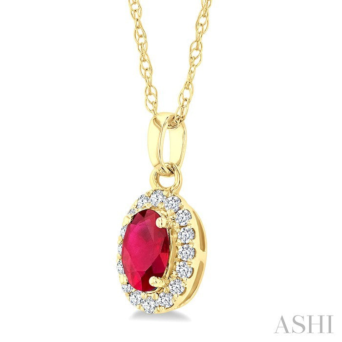 5X3 MM Oval Shape Ruby and 1/20 Ctw Round Cut Diamond Halo Precious Pendant with Chain in 10K Yellow Gold