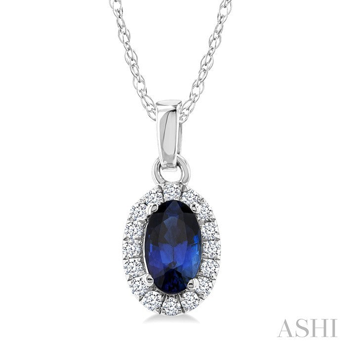 5X3 MM Oval Shape Sapphire and 1/20 Ctw Round Cut Diamond Halo Precious Pendant with Chain in 10K White Gold