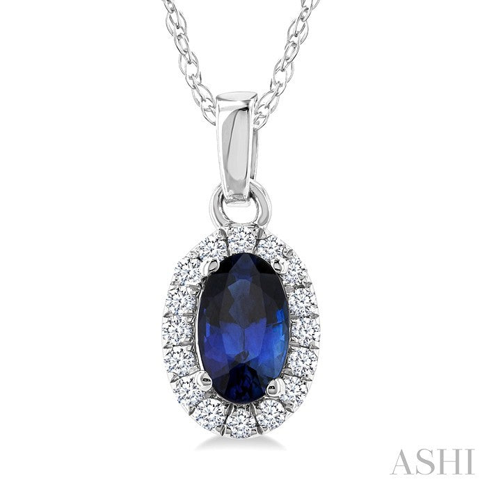 5X3 MM Oval Shape Sapphire and 1/20 Ctw Round Cut Diamond Halo Precious Pendant with Chain in 10K White Gold