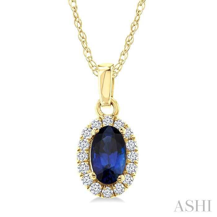 5X3 MM Oval Shape Sapphire and 1/20 Ctw Round Cut Diamond Halo Precious Pendant with Chain in 10K Yellow Gold