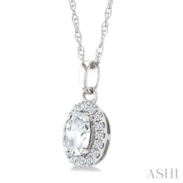 5X3 MM Oval Shape White Topaz and 1/20 Ctw Round Cut Diamond Halo Semi-Precious Pendant with Chain in 10K White Gold