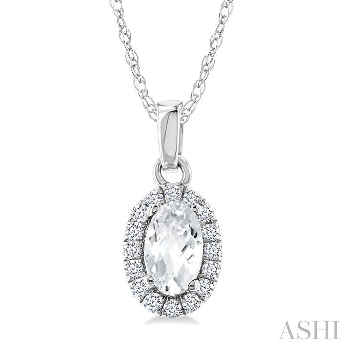5X3 MM Oval Shape White Topaz and 1/20 Ctw Round Cut Diamond Halo Semi-Precious Pendant with Chain in 10K White Gold