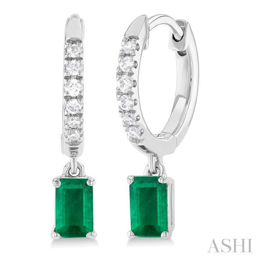 5X3 MM Emerald Cut Emerald and 1/8 Ctw Round Cut Diamond Precious Petite Fashion Huggies in 10K White Gold