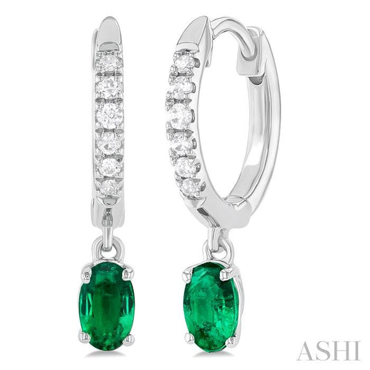 5X3 MM Oval Cut Emerald and 1/8 Ctw Petite Round Cut Diamond Precious Fashion Huggies in 10K White Gold