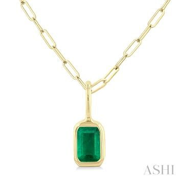 6X4 MM Bezel Set Emerald Cut Precious Fashion Pendant With Paperclip Chain in 14K Yellow Gold