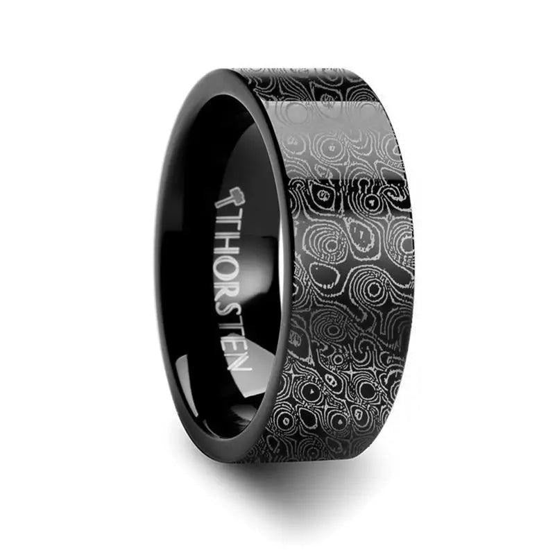 Circular Damascus Steel Engraved Pattern Black Tungsten Engraved Ring - 4mm - 12mm - 8mm