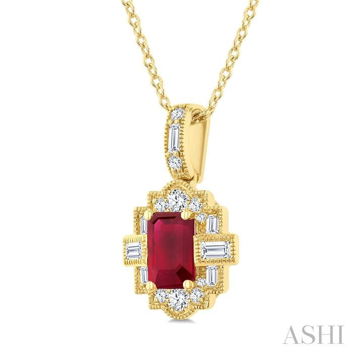 6X4 MM Octagon Shape Ruby and 1/4 Ctw Round and Baguette Cut Diamond Precious Pendant With Chain in 14K Yellow Gold