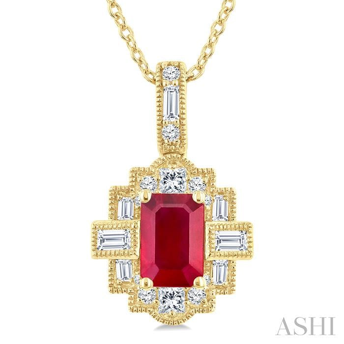 6X4 MM Octagon Shape Ruby and 1/4 Ctw Round and Baguette Cut Diamond Precious Pendant With Chain in 14K Yellow Gold