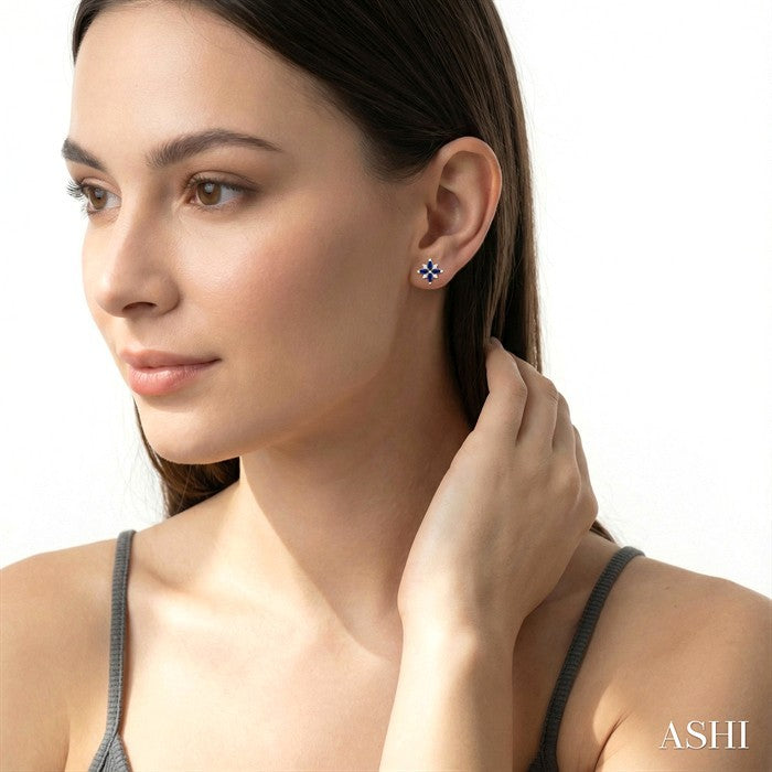 4X2 MM Marquise Shape Sapphire and 1/10 Ctw Round Cut Diamond Blossom Earrings in 10K White Gold