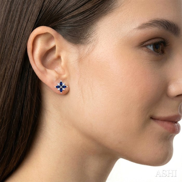 4X2 MM Marquise Shape Sapphire and 1/10 Ctw Round Cut Diamond Blossom Earrings in 10K White Gold