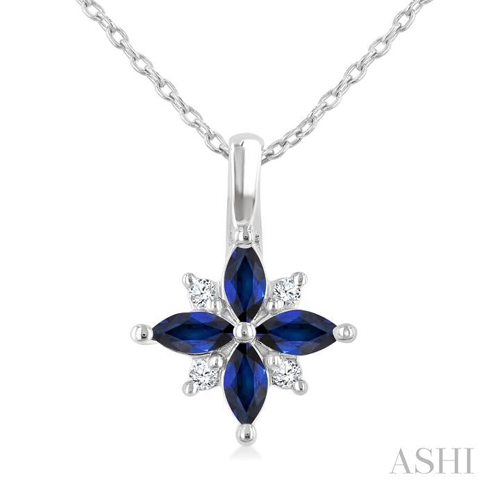 4X2 MM Marquise Shape Sapphire and 1/20 Ctw Round Cut Diamond Blossom Pendant With Chain in 10K White Gold