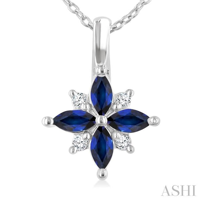 4X2 MM Marquise Shape Sapphire and 1/20 Ctw Round Cut Diamond Blossom Pendant With Chain in 10K White Gold
