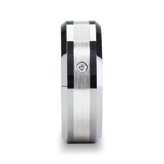 LAURENT Platinum Inlaid Beveled Tungsten Ring with Diamond - 8mm