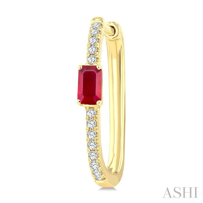 1/5 Ctw Emerald Cut 5X3 MM Ruby and Round Cut Diamond Precious Hoop Earrings in 10K Yellow Gold