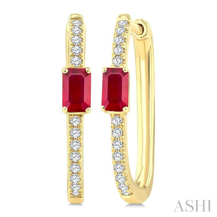 1/5 Ctw Emerald Cut 5X3 MM Ruby and Round Cut Diamond Precious Hoop Earrings in 10K Yellow Gold