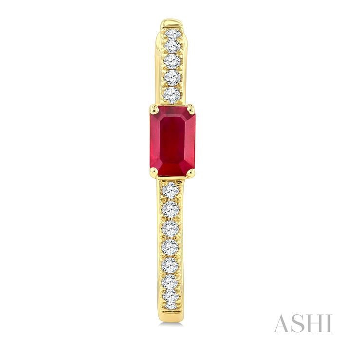 1/5 Ctw Emerald Cut 5X3 MM Ruby and Round Cut Diamond Precious Hoop Earrings in 10K Yellow Gold
