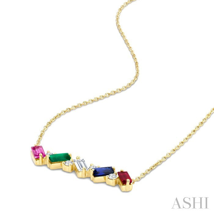 4X2 MM Baguette Cut Multi Gemstone and 1/5 Ctw Baguette and Round Cut Diamond Precious Bar Necklace in 14K Yellow Gold